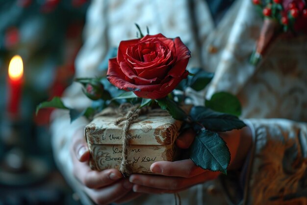 Un hombre le da un regalo y flores a una mujer el día de San Valentín.