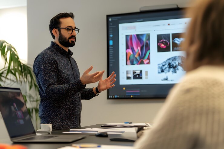 Foto hombre dando una presentación en una oficina moderna explicando elementos de diseño en un gran monitor