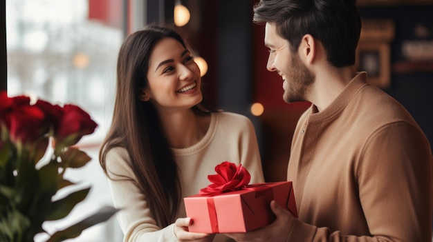 Un hombre dándole un regalo a su novia el día de San Valentín