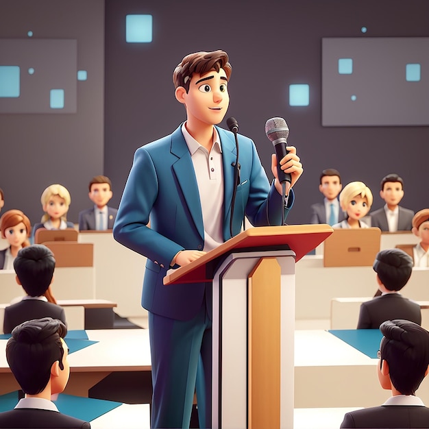 Hombre debate en el podio sosteniendo el micrófono icono vectorial de dibujos animados ilustración personas tecnología icono concepto aislado estilo FlatCartoon vectorial premium