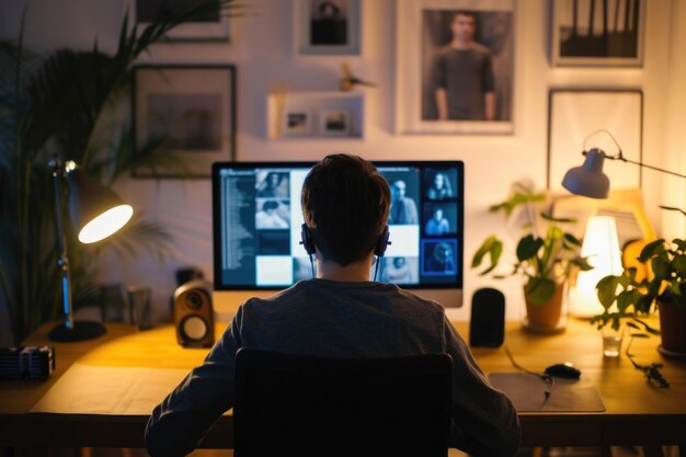 Hombre débilmente iluminado sentado en un escritorio con un monitor de computadora y una planta