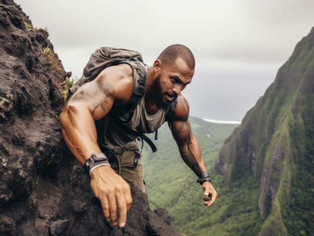 Un hombre decidido sube un sendero de montaña empinado