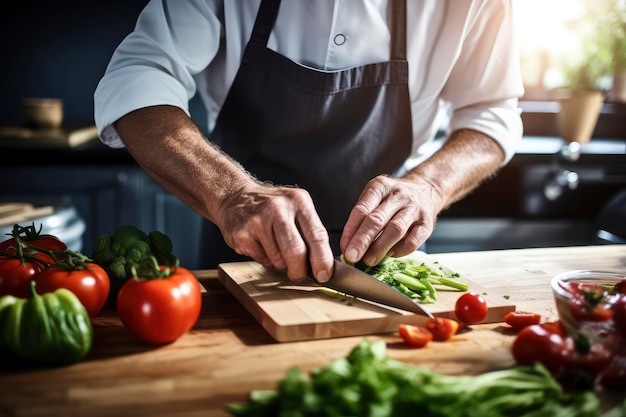 Hombre con delantal cortando verduras en la tabla de cortar