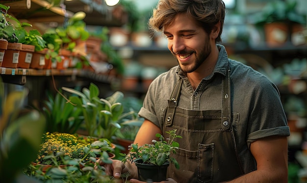 Hombre en delantal criando plantas con cuidado en la vegetación en la tienda de flores disfrutando de su trabajo en acogedor