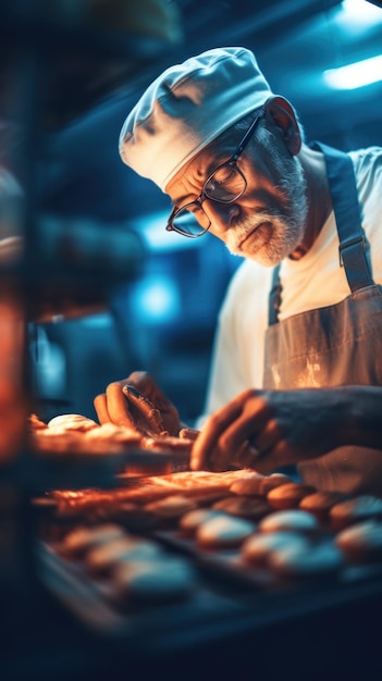 Un hombre con un delantal está haciendo rosquillas.