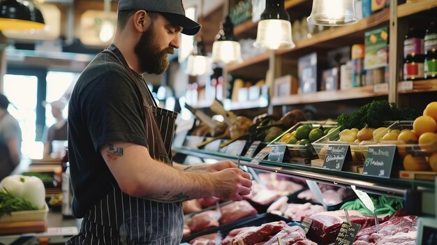 un hombre con un delantal está preparando comida en una tienda