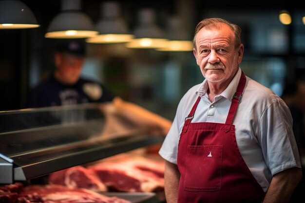 un hombre con un delantal rojo de pie frente a una carne