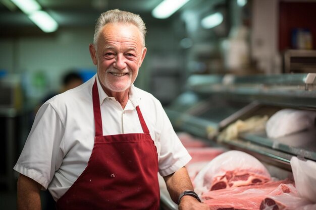 Foto un hombre con un delantal rojo de pie frente a un mostrador de carne