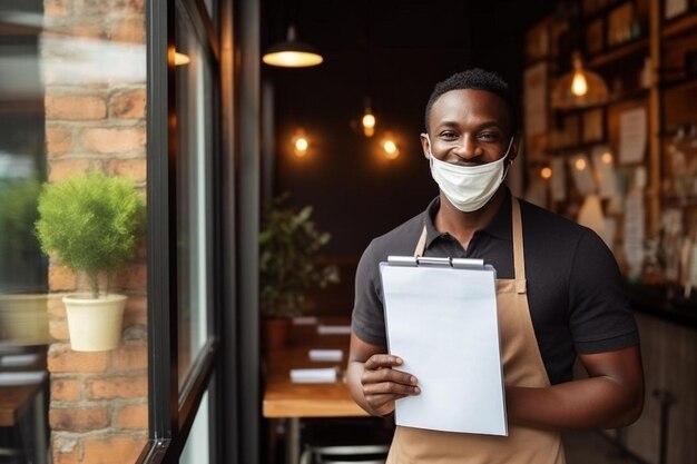 Foto un hombre con un delantal sosteniendo un pedazo de papel frente a una ventana