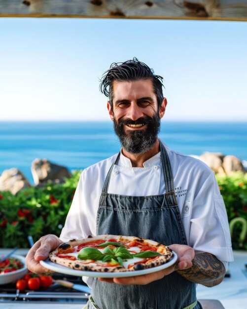 Foto hombre con delantal sosteniendo pizza