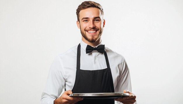 un hombre con un delantal sosteniendo un plato con una imagen de un hombre sosteniendo una placa con un cuchillo y un cuchilo
