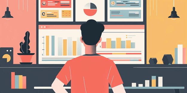 un hombre delante de una computadora con un gráfico que muestra el gráfico que mostra a un hombre mirando un gráfico de que sa