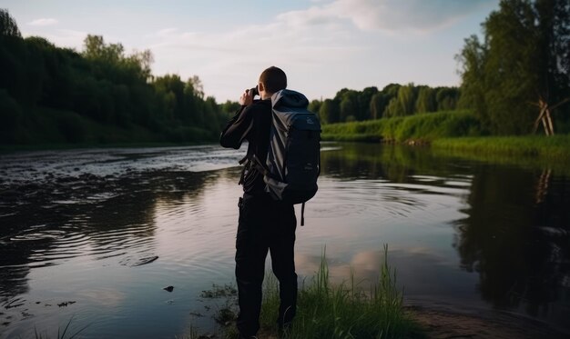 Hombre delgado con una mochila de pie en la orilla del río Viajero mirando binoculares o tomando fotos de la hermosa naturaleza IA generativa