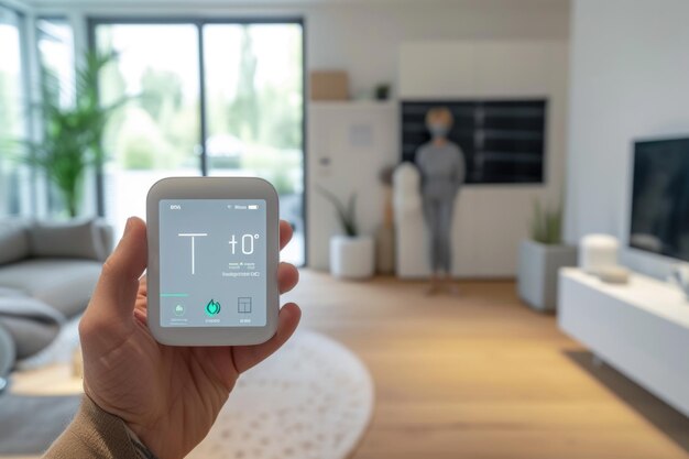 Foto hombre demuestra dispositivos de iot vaillant en parís