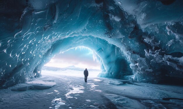 Hombre deportivo explorando en la hermosa cueva de hielo