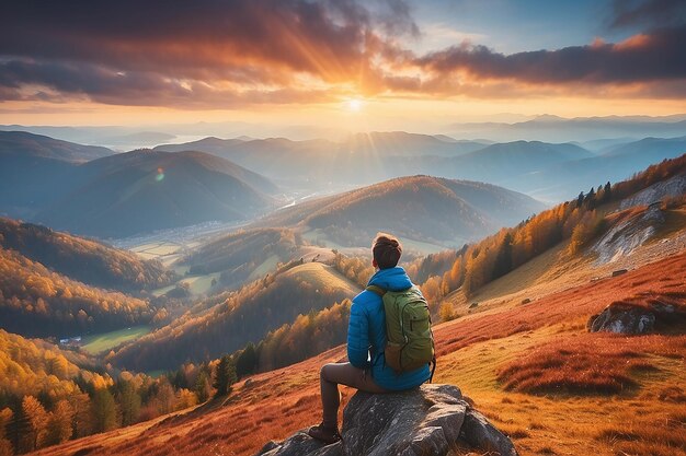 Hombre deportivo en el pico de la montaña mirando el valle de la montaña con rayos de sol en colorido