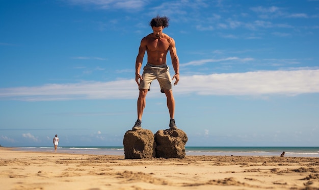 Foto hombre deportivo saltando en la playa