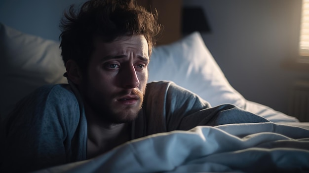 El hombre deprimido acostado en la cama no puede dormir hasta tarde en la mañana con insomnio