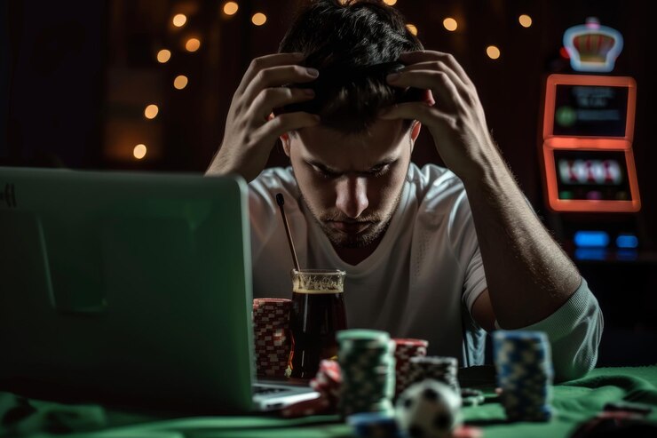Hombre desanimado con la cabeza en las manos en una mesa de póquer rodeado de fichas y cartas en una habitación débilmente iluminada