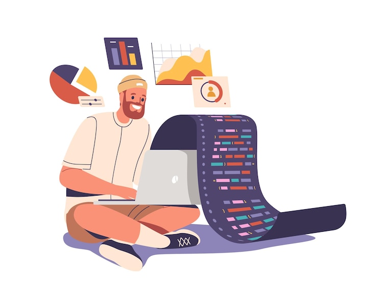 Foto hombre desarrollador de software personaje involucrado en la optimización del sitio web pruebas de código recopilación de estadísticas