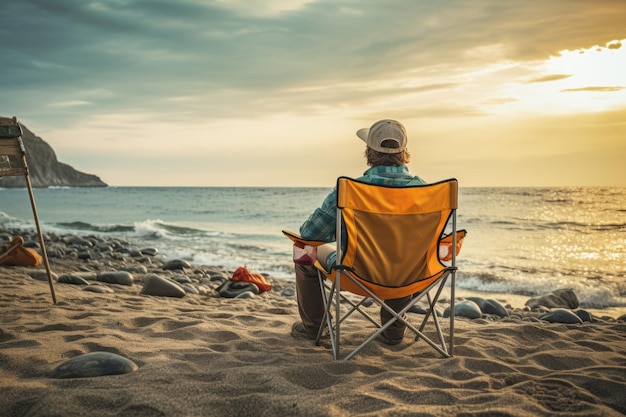 Un hombre descansa en una silla de camping a la orilla del mar generativo ai