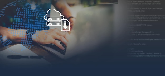 hombre descargando archivos de computadora o instalando software tecnología de almacenamiento en nube copia de seguridad de datos cibernética