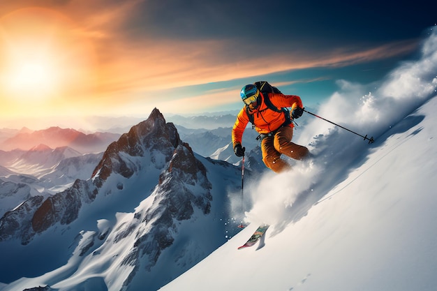 Un hombre desciende de la montaña con esquís. Deportes de invierno.