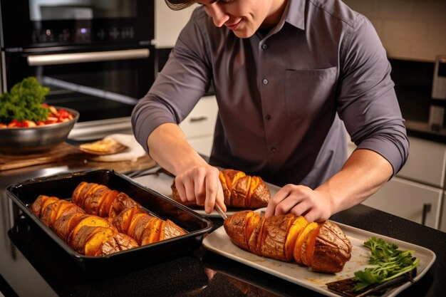 Foto un hombre desempaquetando patatas dulces horneadas de un guante de horno