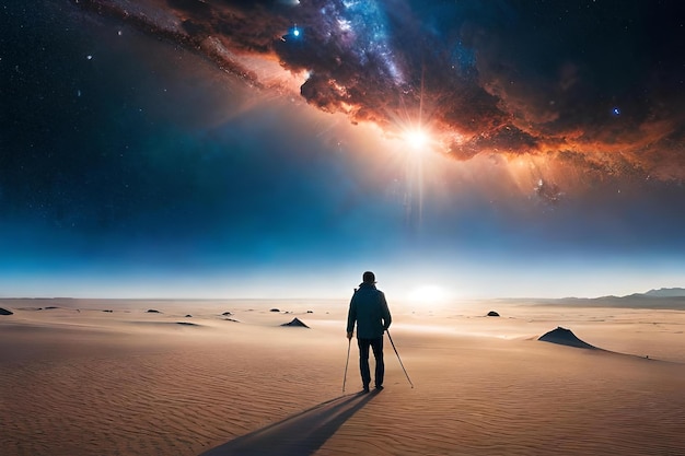 Un hombre en un desierto con un cielo lleno de estrellas detrás de él.