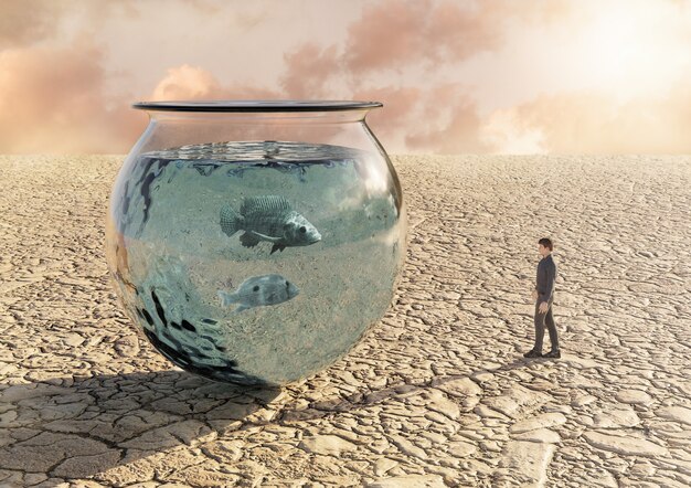 Foto hombre en el desierto mirando acuario con peces. concepto de desigualdad y escasez de recursos naturales y destrucción del medio ambiente. representación 3d