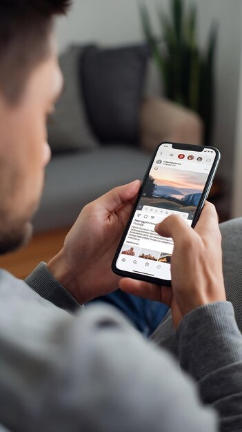 Hombre desplazando el feed de la aplicación de redes sociales y tocando dos veces la pantalla en el teléfono inteligente