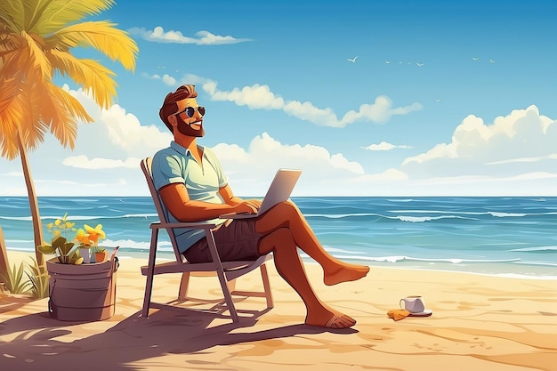 Hombre despreocupado en el escritorio tomando un descanso del trabajo soñando despierto con la ilustración de la playa del océano de verano