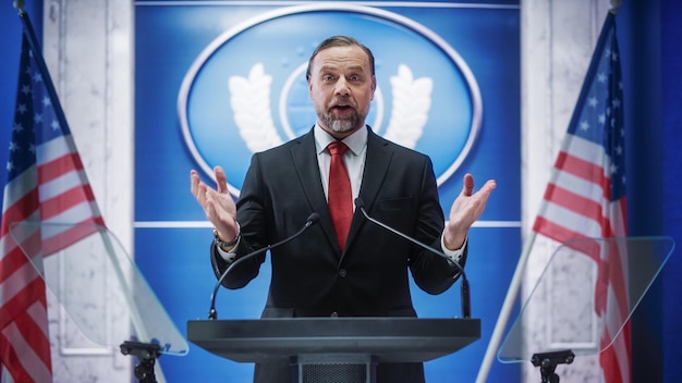 Un hombre se para detrás de un podio con el logo de la comisión europea.
