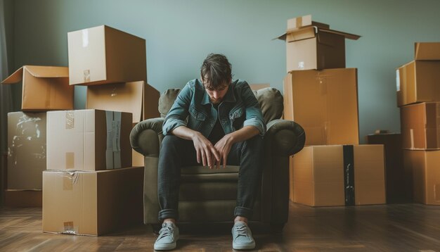 Hombre devastado sentado en un sillón después de mudarse a una nueva casa