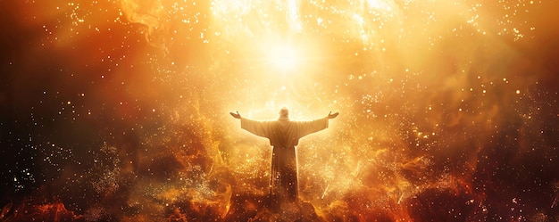 El hombre devoto está levantando sus manos hacia un cielo dorado