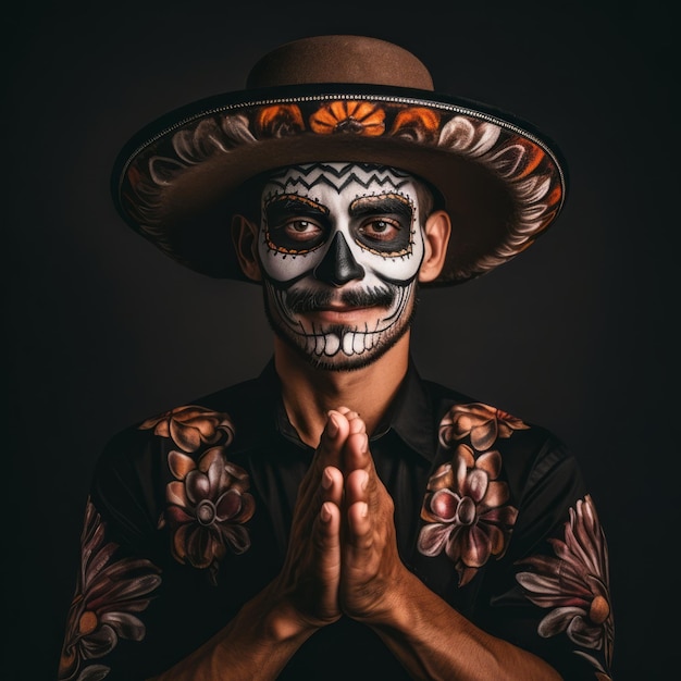 hombre en Día de los Muertos maquillaje con pose lúdica