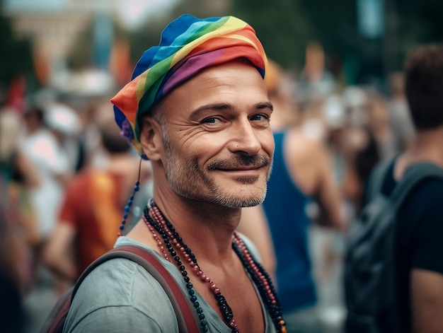 Un hombre con una diadema del orgullo arcoíris durante el desfile del orgullo LGBT generado por IA