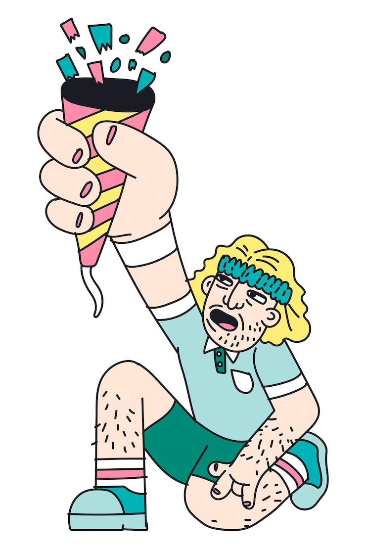 Foto hombre dibujado a mano que muestra un popper de fiesta con pegatina de confeti transparente png