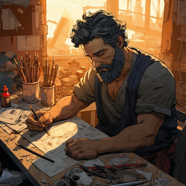 hombre dibujando con bolígrafos y lápices al estilo de herramientas de pintura y escritura