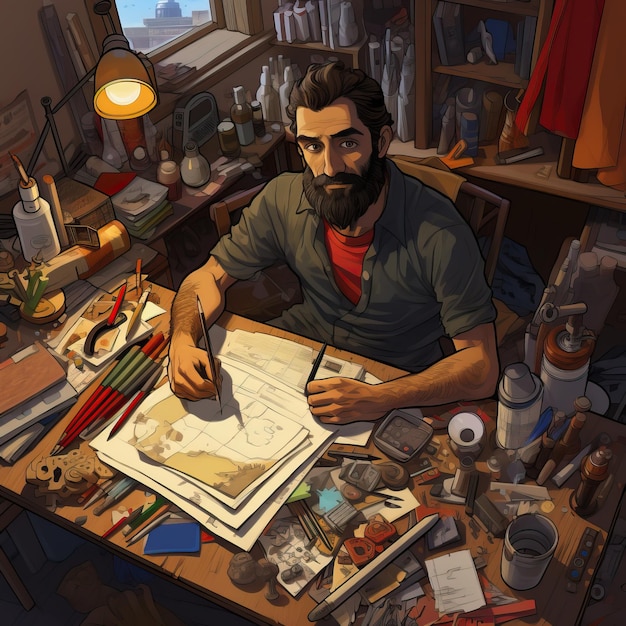 hombre dibujando con bolígrafos y lápices al estilo de herramientas de pintura y escritura