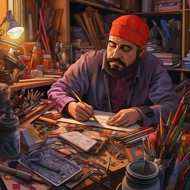 hombre dibujando con bolígrafos y lápices al estilo de herramientas de pintura y escritura