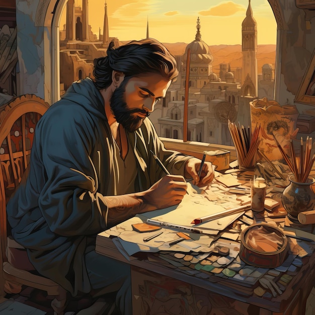 hombre dibujando con bolígrafos y lápices al estilo de herramientas de pintura y escritura