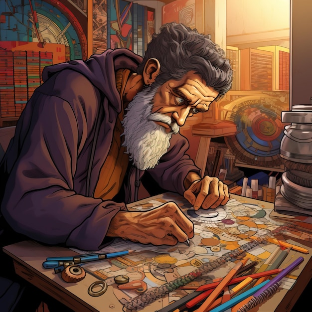 hombre dibujando con bolígrafos y lápices al estilo de herramientas de pintura y escritura