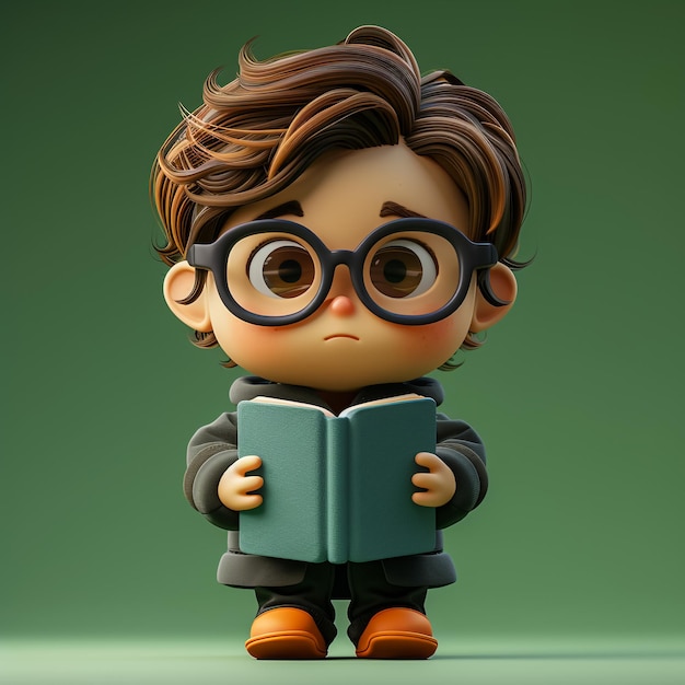 Hombre de dibujos animados en 3D y libro de lectura