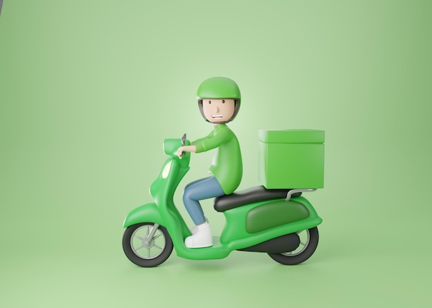 hombre de dibujos animados con concepto de camisa verde entrega de alimentos tomar una entrega de motocicleta representación 3d.