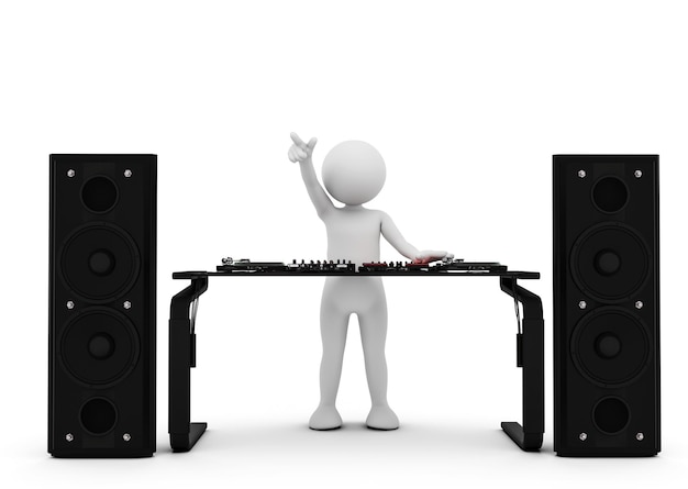 El hombre de los dibujos animados DJ girando música en el mezclador Fondo blanco Ilustración 3D