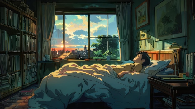 Foto hombre de dibujos animados durmiendo en la cama generada por ia imagen