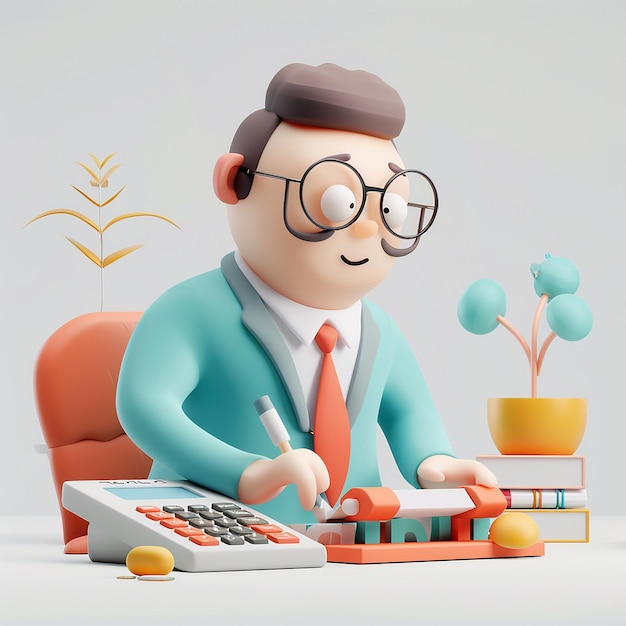 un hombre de dibujos animados está tocando un teclado con un lápiz y una planta en el fondo