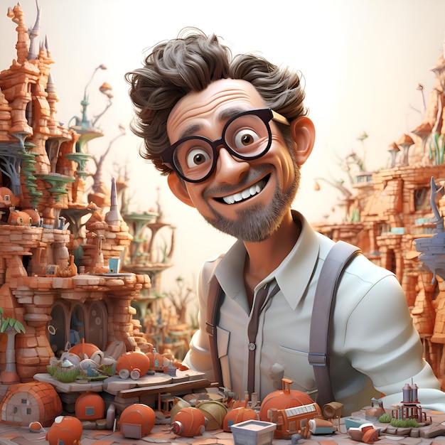 Hombre de dibujos animados gracioso con ilustración de renderización 3D de la ciudad de fantasía.