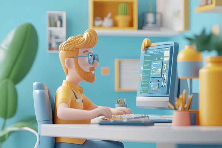 Foto un hombre de dibujos animados sentado en un escritorio usando una computadora